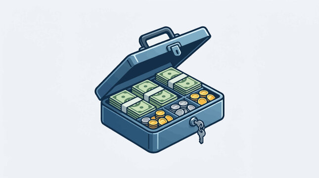 Open briefcase filled with stacks of money and coins.