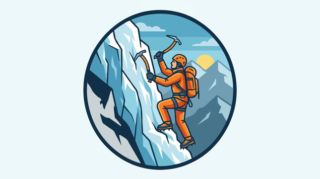 Mountain climber ascending icy peak with ice axe and backpack.