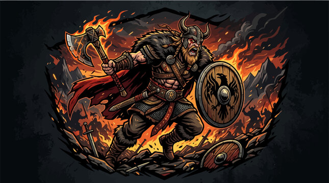 Fierce Viking Warrior in Battle Armor with Axe and Shield.