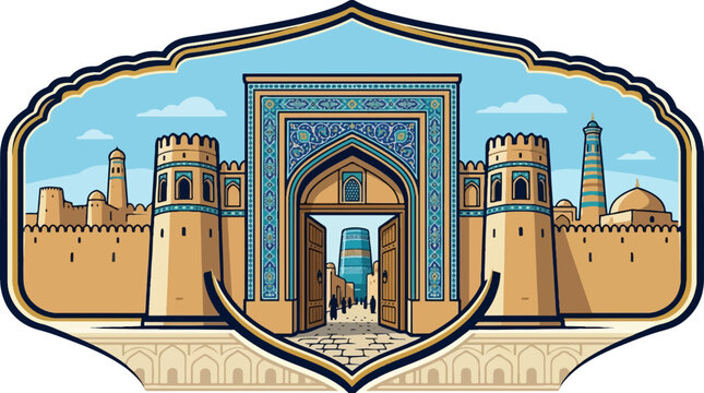 Ancient Silk Road city gate and fortress in Central Asia.