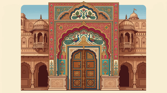 Intricate Indian Palace Gate with Ornate Carvings and Traditional Architecture.
