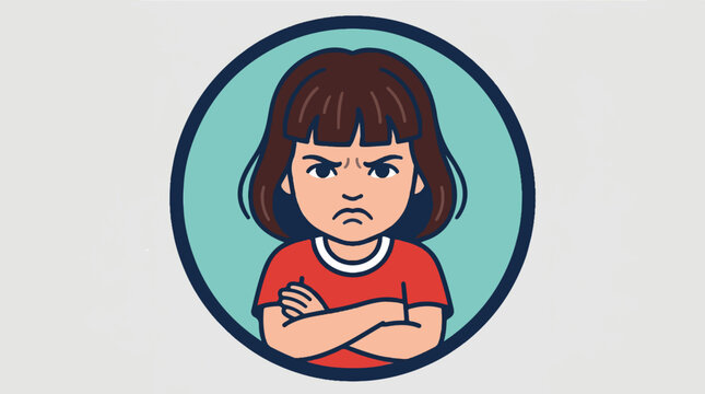 Angry little girl with crossed arms showing frustration.
