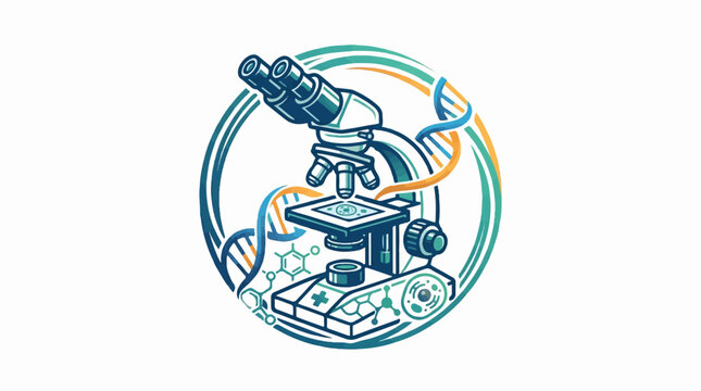 Microscope and DNA strands in a circular scientific illustration.