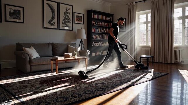 Home Interior During Morning Cleaning. Quiet Morning In Home With Focused Cleaning Activity Happening. Peaceful Morning With Sunlight Illuminating Room While Cleaning Takes Place Gently