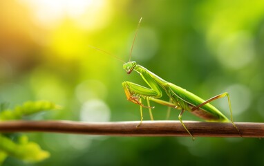 Praying Mantis Standing on Thin Twig in Lush Green Background Light