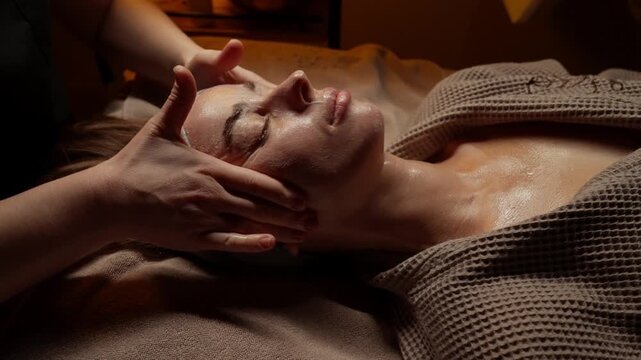 Relaxing facial massage treatment in tranquil spa setting with therapist gently massaging woman face, promoting skincare rejuvenation, stress relief and deep relaxation