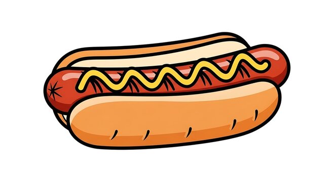 A cartoon hot dog with mustard on a bun is shown in a playful illustration.