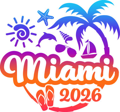Miami Florida 2026 with Vacation and Trip Elements - Palm Tree Sunglasses Dolphin
