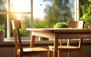 Obraz premium Cozy Small Kitchen with Wooden Dining Table and Two Chairs in Sunlight