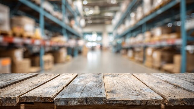 Empty wooden table top with blurred warehouse storage background