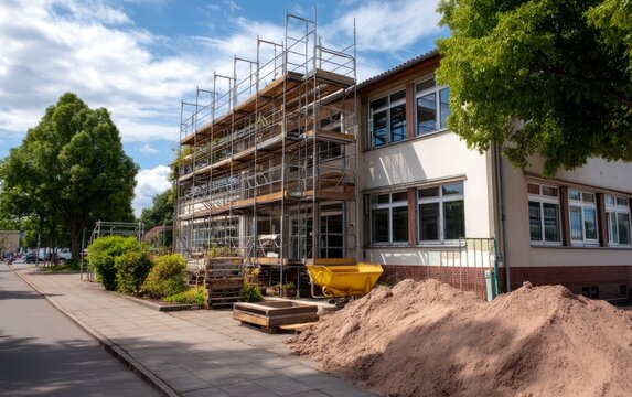 Renovation of Two-Story School Building Facade with Scaffolding and Materials