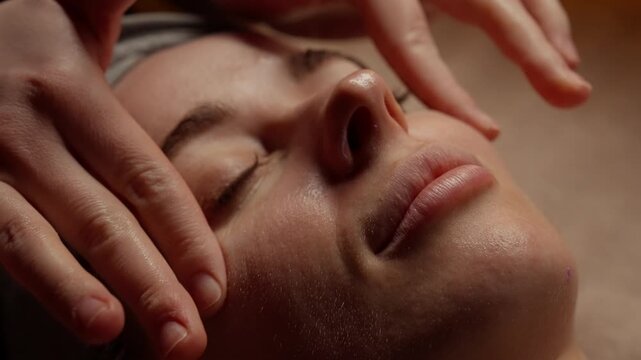 Close-up relaxing facial massage on young woman face with gentle fingertip pressure around nose and sinuses in warm spa atmosphere for calm relaxation