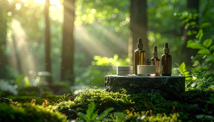 Obraz premium Natural organic skincare cosmetic bottles on stone podium with moss in green forest with sunlight. Eco friendly beauty products, botanical cosmetics packaging, spa wellness concept.