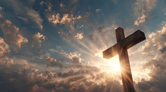 A large wooden cross stands against a vibrant blue sky with clouds and sun rays