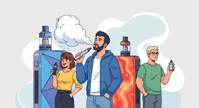 Young Adult Vapers with Modern E-Cigarettes and Vape Devices, Exhaling Vapor, Representing Vaping Culture and Lifestyle Vector Illustration