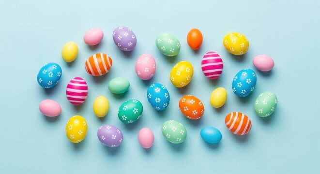 A colorful assortment of chocolate Easter eggs arranged on a light blue surface