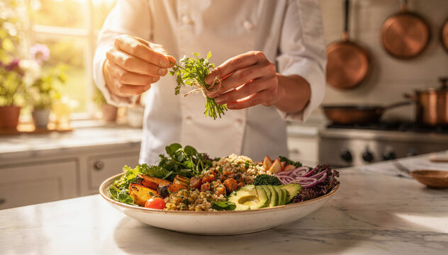 Professional chef's hands garnish a vibrant, healthy, and colorful salad bowl with fresh herbs in a beautifully lit, inviting kitchen setting