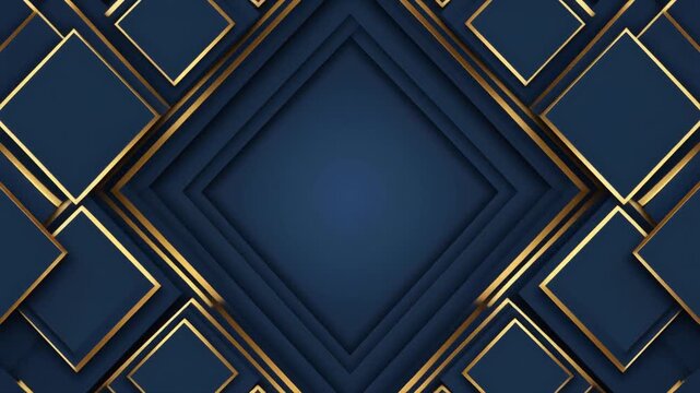 Dark blue abstract motion background with squares and golden linear pattern. Seamless loopin