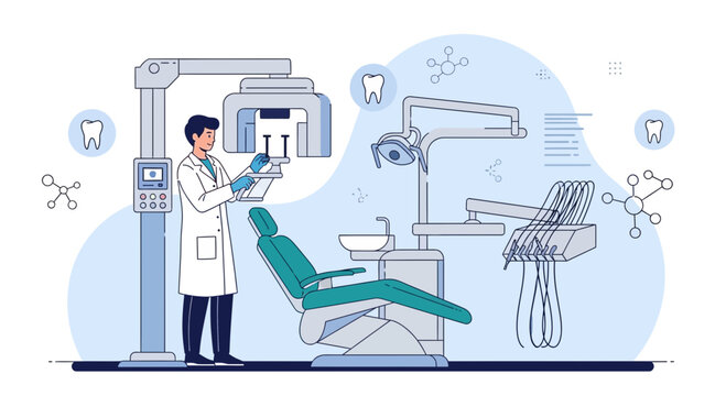 Dentist in dental office with modern equipment, dental chair and X-ray machine