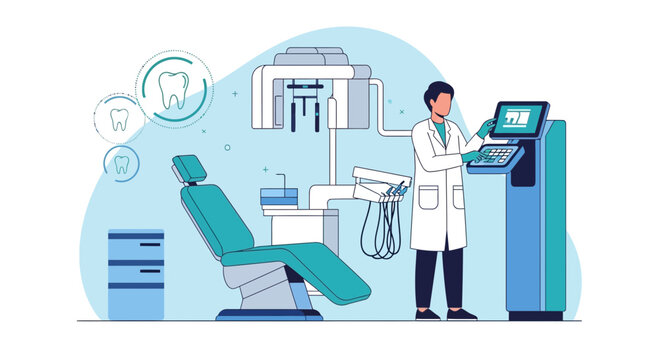 Dentist operating modern dental equipment with digital display and x-ray machine