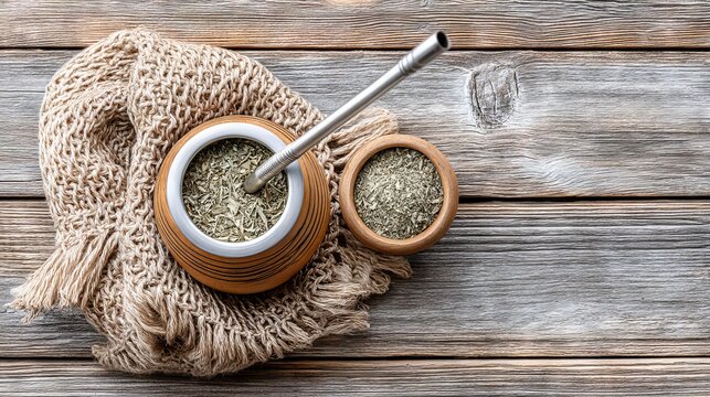 Traditional gourd cup with yerba mate and metal straw on wooden table