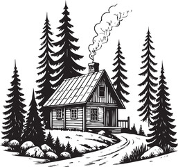 Obraz premium Rustic mountain cabin in pine forest Hand-drawn Sketch Drawing Vector Illustration, Line Linear Symbol Black and White Engraving, Isolated