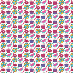 Naklejka premium Colorful summer beach elements pattern with flamingo and watermelon