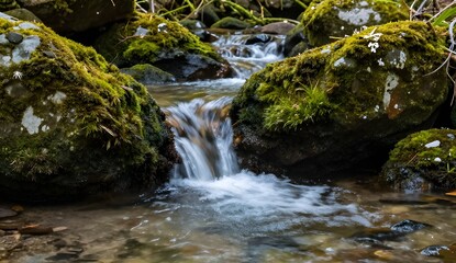 Fototapeta premium Small waterfall cascading over mossy rocks in a forest stream.