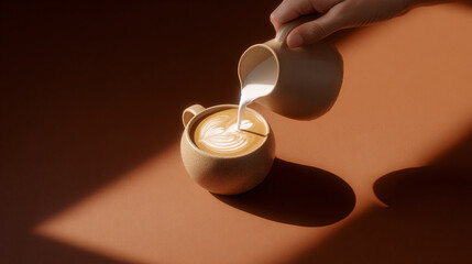 Hand pouring milk from a small pitcher into a cup of coffee on a brown surface with sunlight casting shadows.