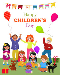 Obraz premium Diverse Kids Celebrating World Children's Day Vector. Children's Day featuring a diverse group of happy children of various ethnicities, ages, and genders. Perfect for greeting cards, social media