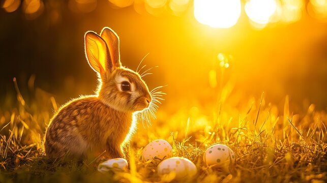 A rabbit sitting in a field of grass with eggs at sunset