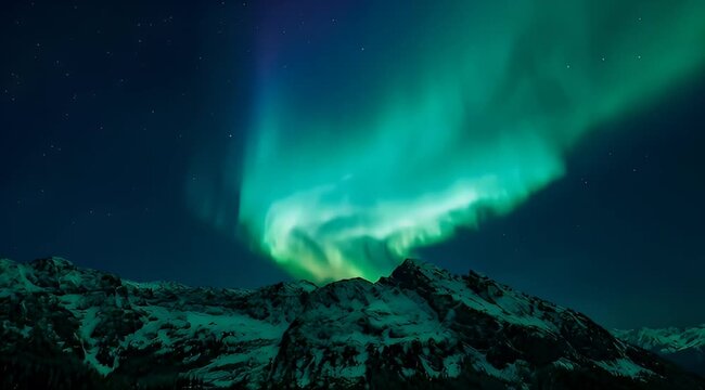 Spectacular aurora borealis dances above majestic snowcapped mountains under a starry night