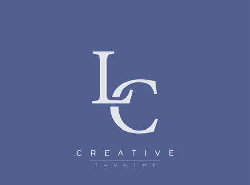 LC monogram logo design element with creative tagline on blue background