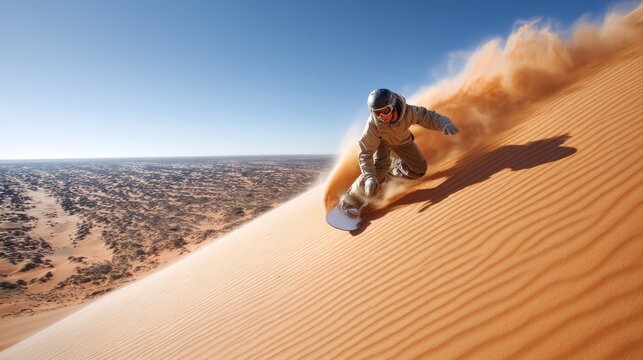 Sandboarder Carving Down a Majestic Sand Dune in Bright Sunshine