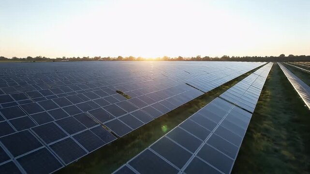 Solar panels in a field at sunrise.