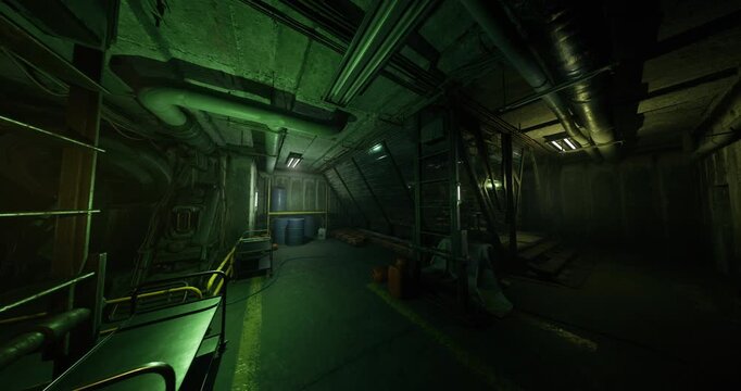 rusted submarine engine corridor with bulkhead, green emergency lights, turbine casings and maintenance ladders, dripping condensate, heavy rivets and worn