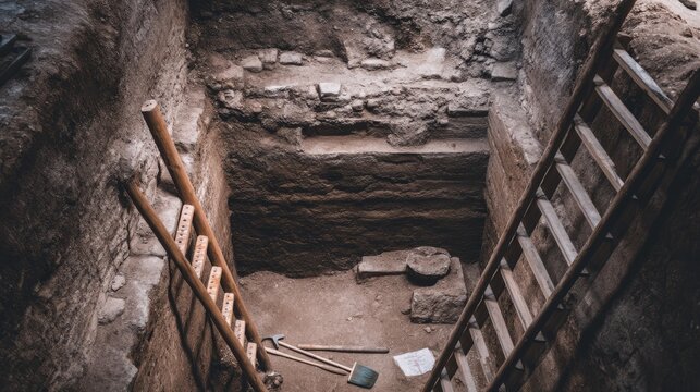 Excavation in Archaeological Pit with Layered Soil and Tools for Exploration