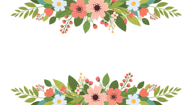 Symmetrical top and bottom floral borders with pink and white flowers and green leaves on a plain white background.