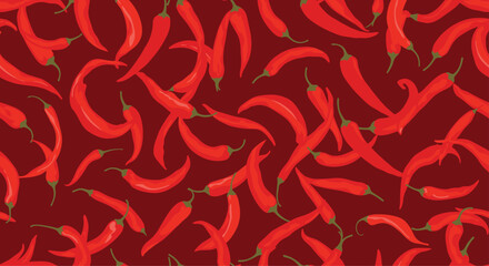 Obraz premium Vibrant pattern of hot red chili peppers scattered across a dark red background for spicy food or cooking themes.