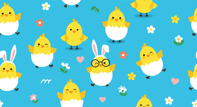 Seamless pattern of cute yellow baby chicks hatching from eggs with bunny ears and glasses for easter holiday celebration.