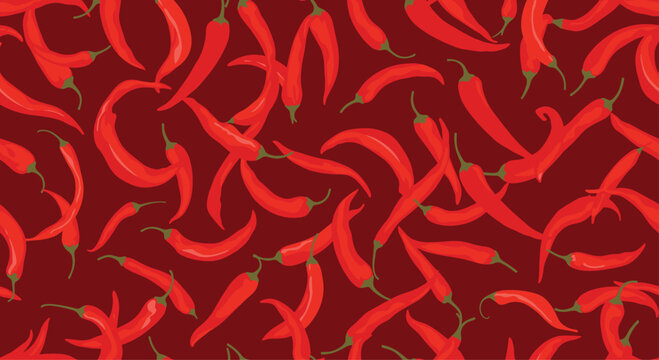 Vibrant pattern of hot red chili peppers scattered across a dark red background for spicy food or cooking themes.