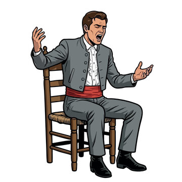 Passionate flamenco singer performing on chair. Cantaor