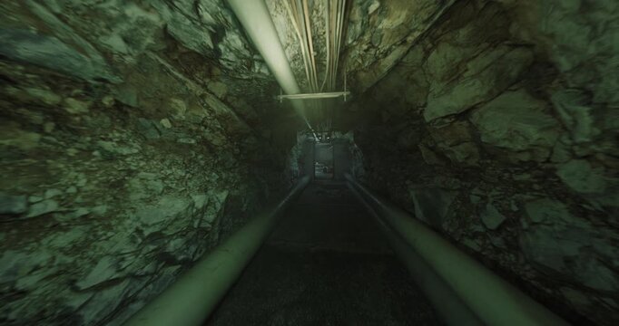 Long narrow rail tunnel with wet tracks and distant exit door, echoing damp atmosphere, ballast and sleepers under dim overhead lights, moss and grime