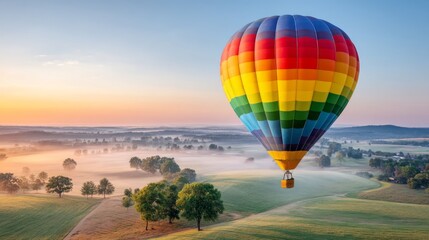 Fototapeta premium Colorful Hot Air Balloon Floating Above Serene Countryside at Sunrise