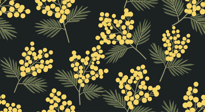 Mimosa flower seamless pattern featuring yellow pom-pom blossoms and green feathery leaves on a dark background.