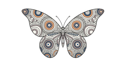 Detailed butterfly illustration with intricate circular mandala patterns on its wings isolated on a white background for coloring or design projects.