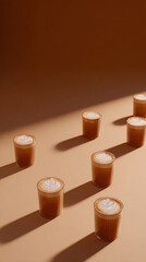 Fototapeta premium Several small cups filled with coffee, arranged on a brown surface with strong lighting casting long shadows.
