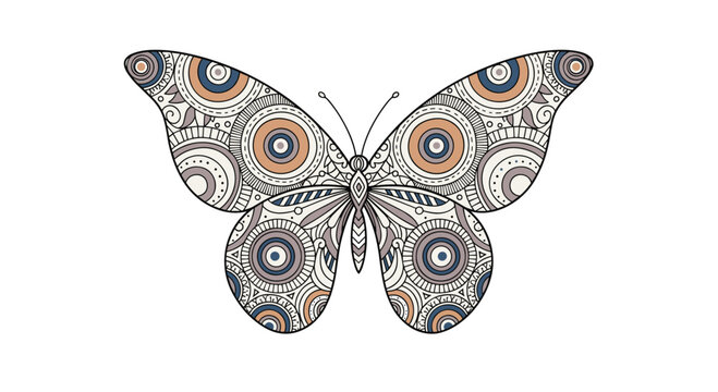 Detailed butterfly illustration with intricate circular mandala patterns on its wings isolated on a white background for coloring or design projects.