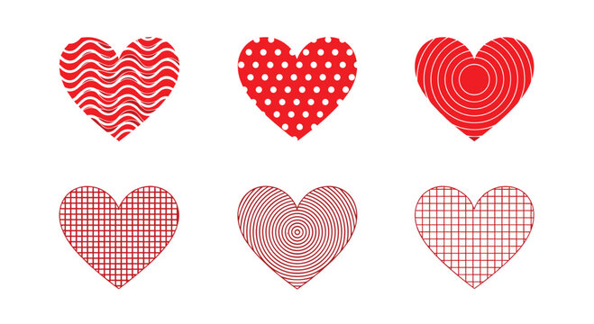 Collection of six decorative red hearts with various patterns including dots, waves, spirals, and grids for valentines day.