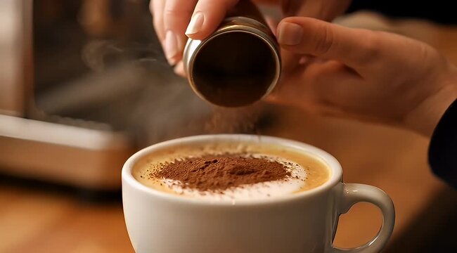 Closeup of a delicious cappuccino being dusted with chocolate powder